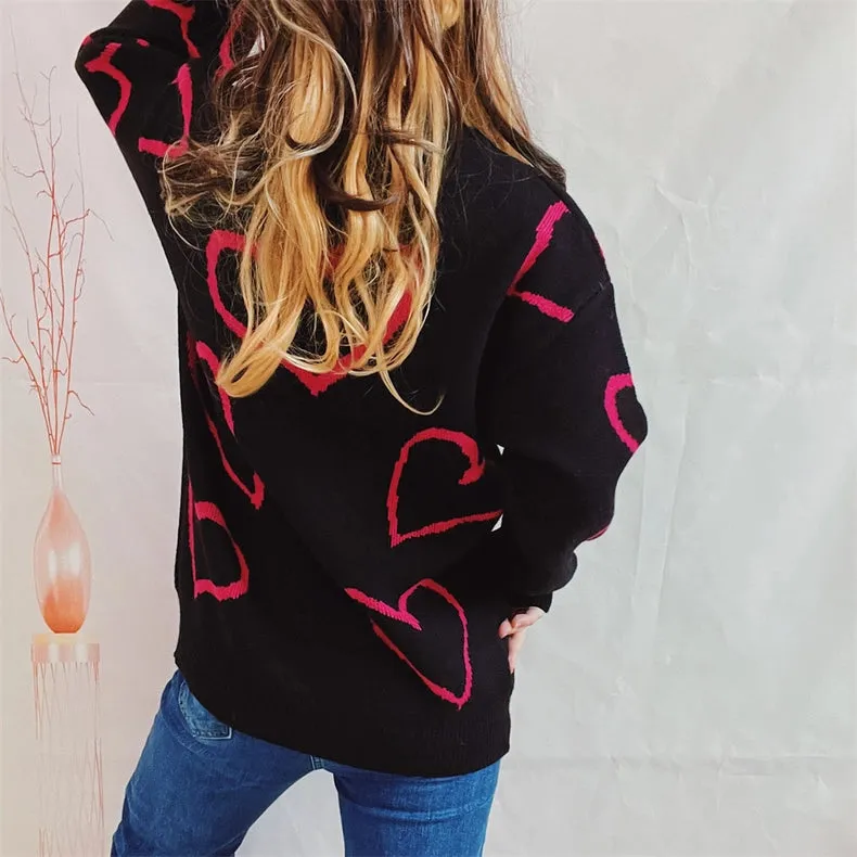Valentine's Day Love Sweater Long Sleeve Knit Pullover Black