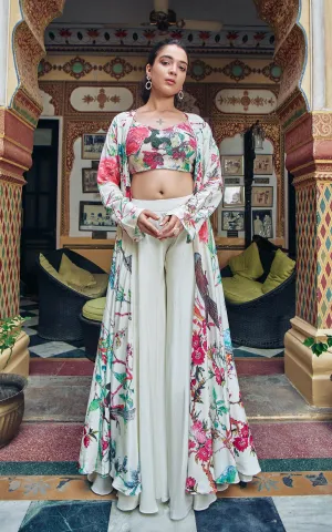White Floral Printed Crepe Silk Cape Set