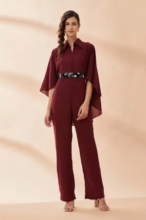 Wine Cape Jumpsuit With Belt
