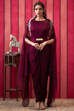 Wine Qala Drape Dress with Printed Applique Cape Set
