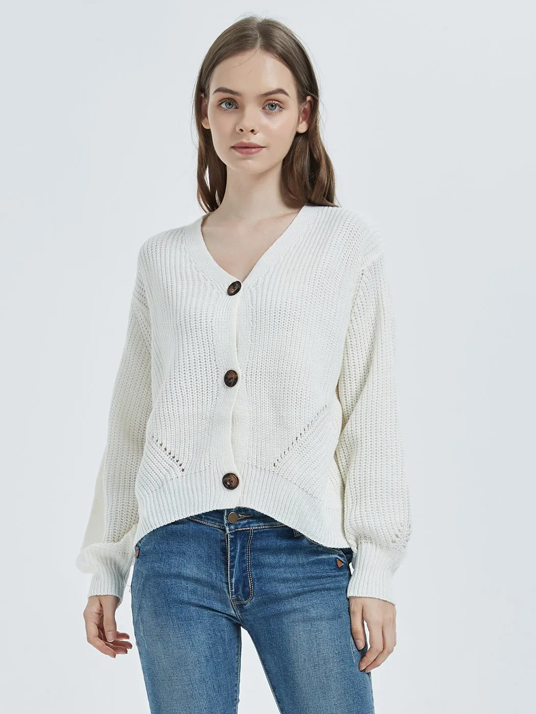 Women Lantern Sleeve Cardigan Button Down Open Front Knit Sweater Coat