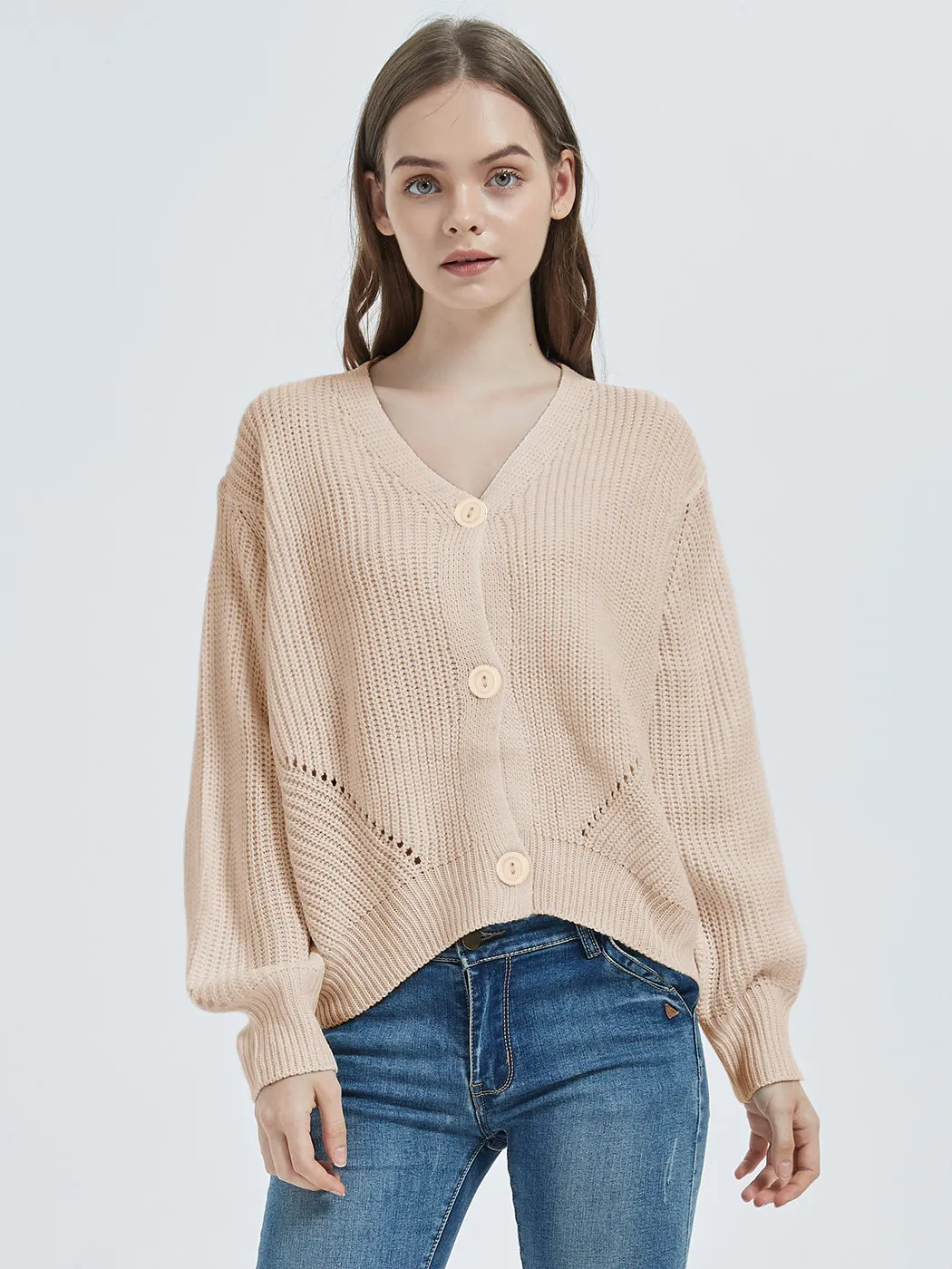 Women Lantern Sleeve Cardigan Button Down Open Front Knit Sweater Coat