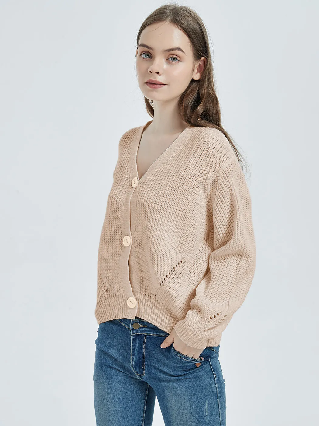 Women Lantern Sleeve Cardigan Button Down Open Front Knit Sweater Coat