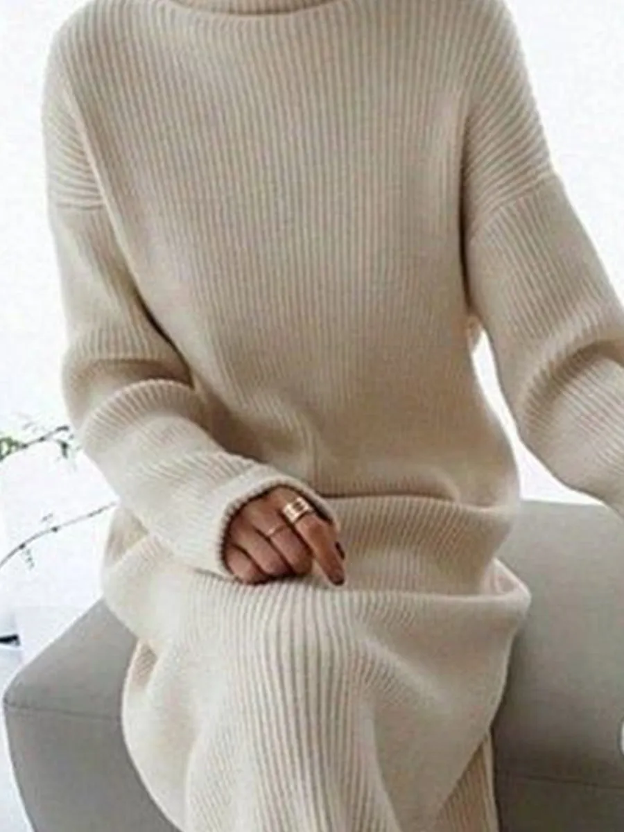 Women'S Solid Color High Neck Long Knitted Dress