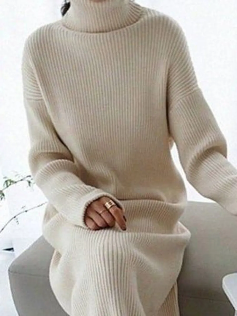 Women'S Solid Color High Neck Long Knitted Dress
