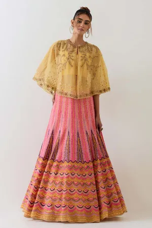 Yellow Embroidered Cape & Cross Stitch Lehenga Skirt Set
