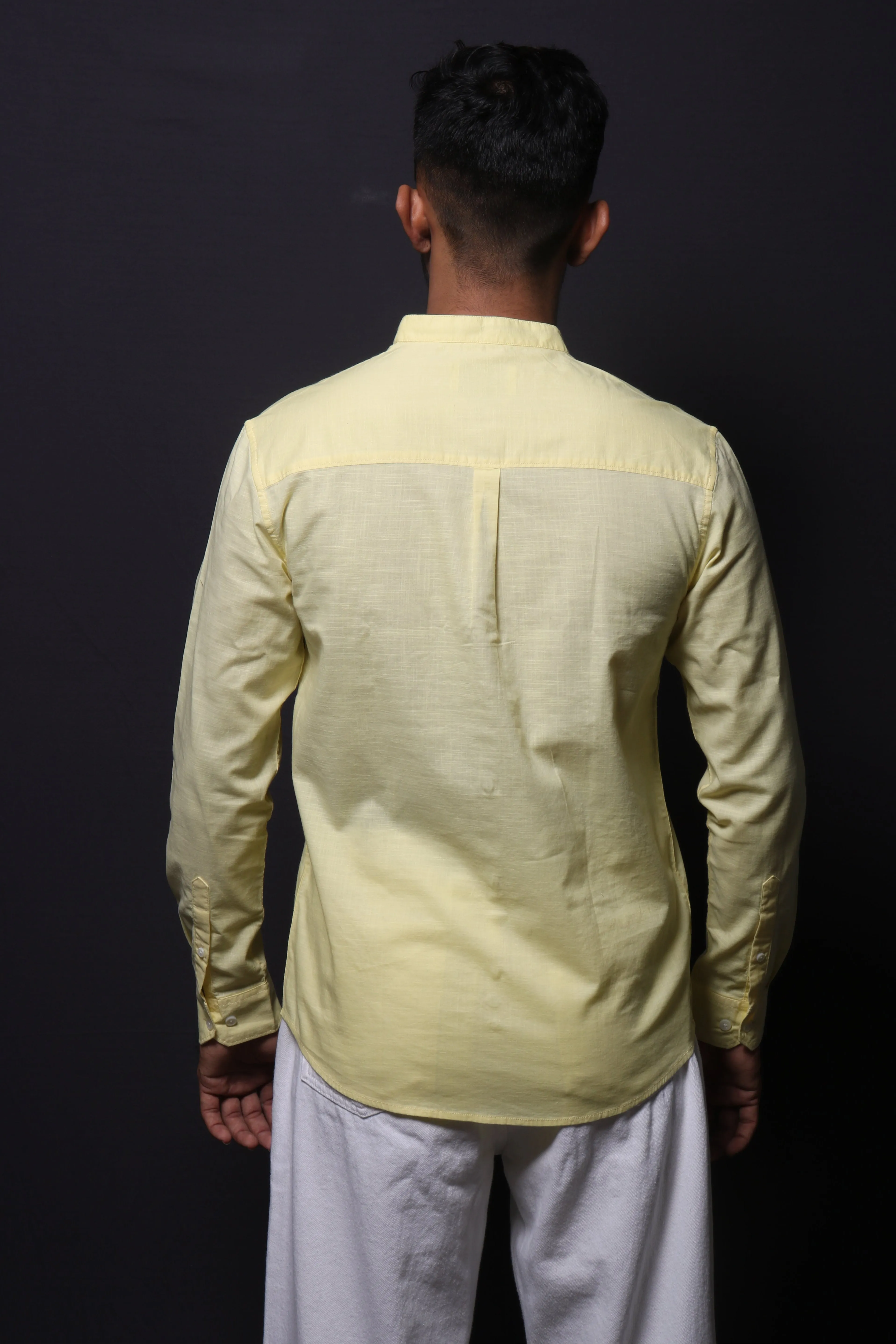YELLOW SLUB MANDARIN COLLAR SLIM FIT SHIRT