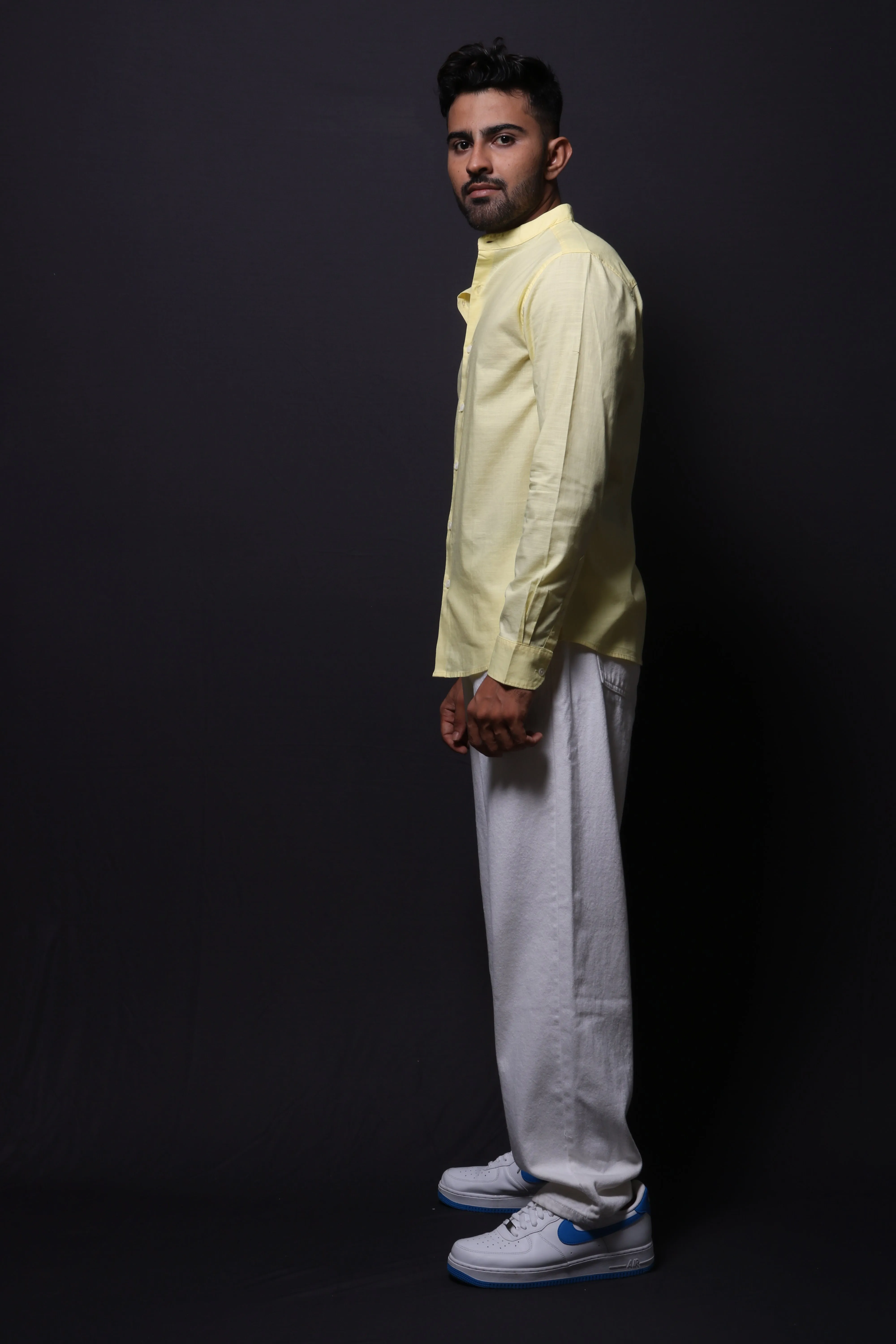 YELLOW SLUB MANDARIN COLLAR SLIM FIT SHIRT