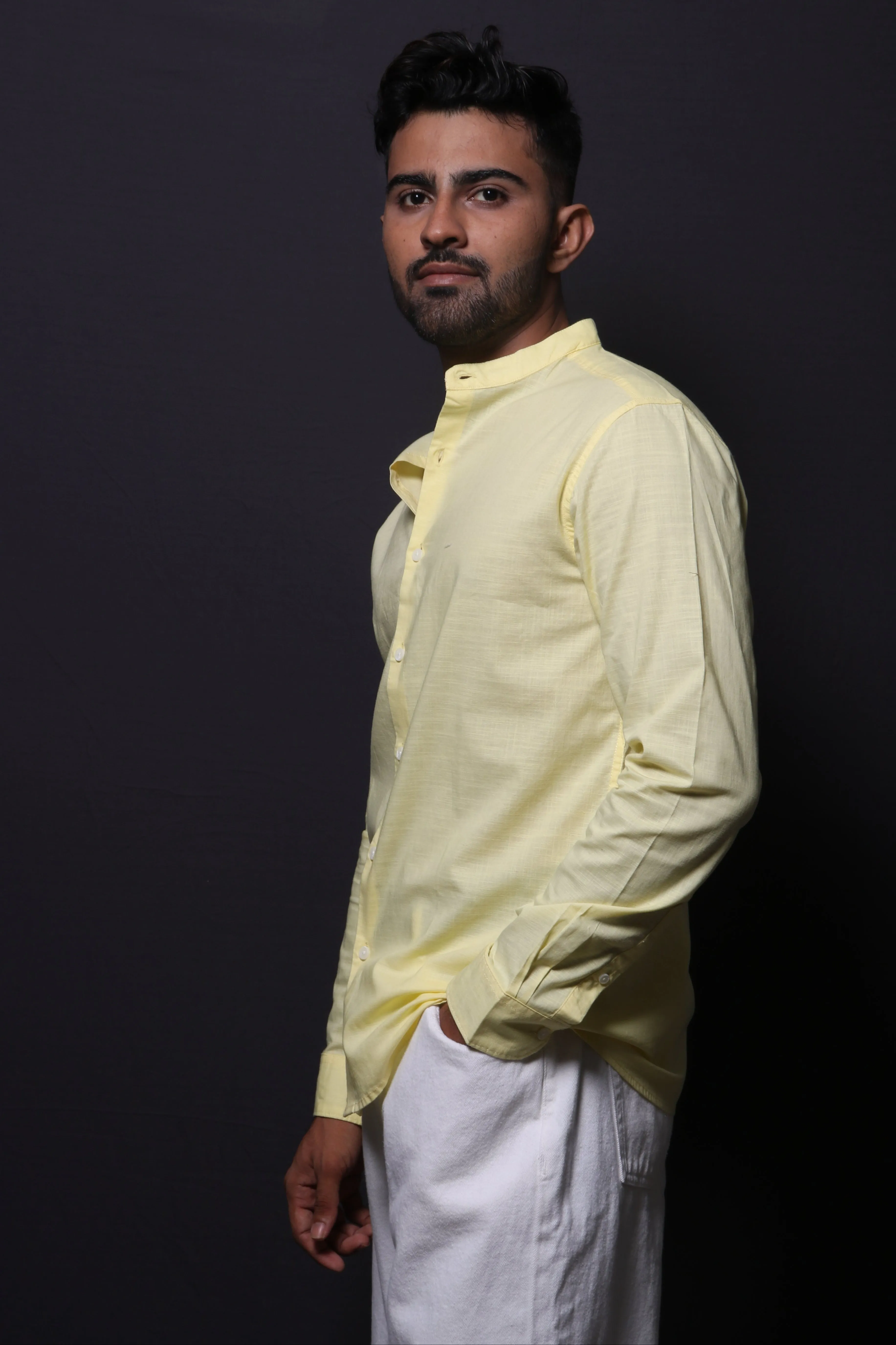 YELLOW SLUB MANDARIN COLLAR SLIM FIT SHIRT