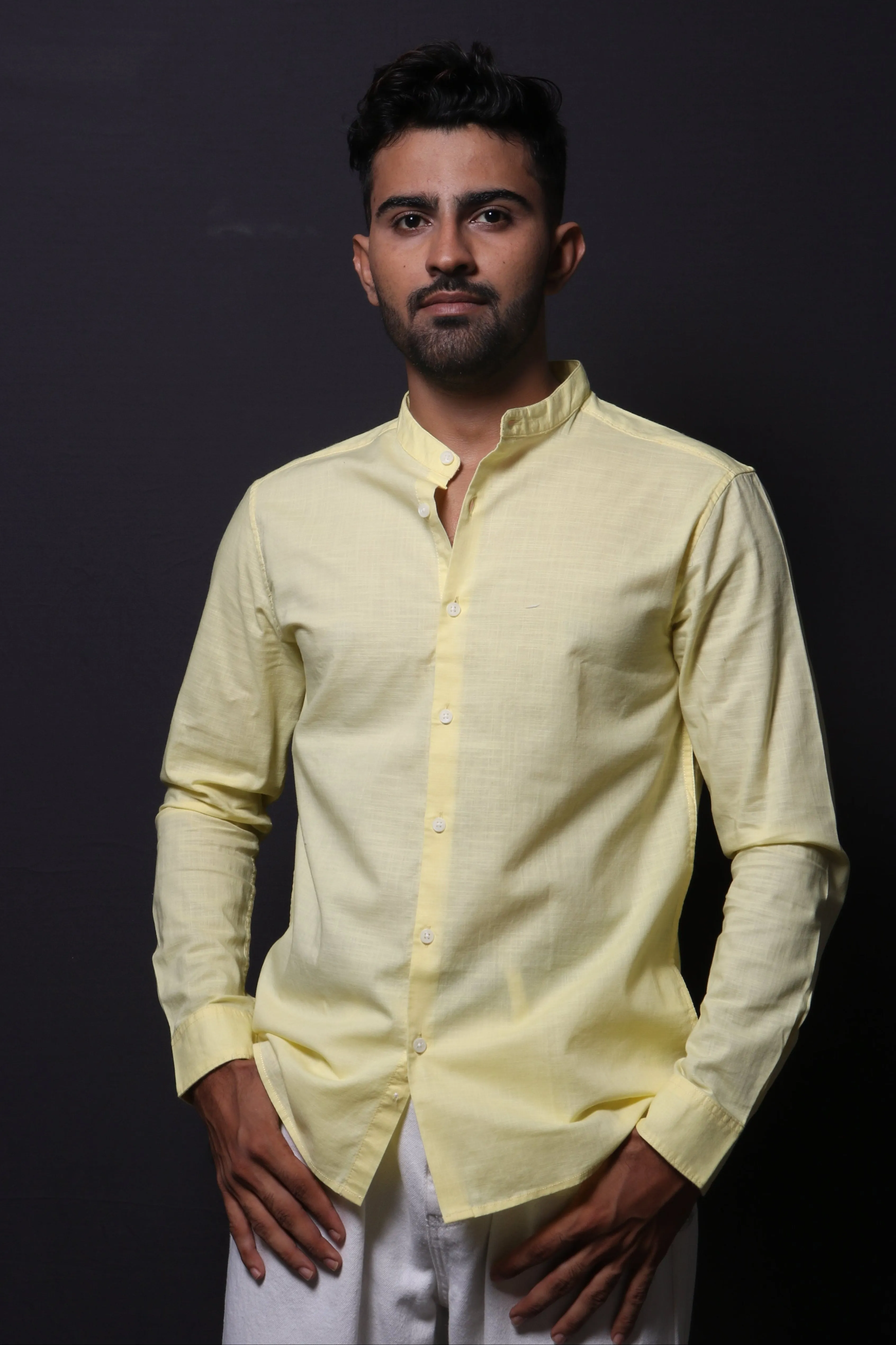 YELLOW SLUB MANDARIN COLLAR SLIM FIT SHIRT