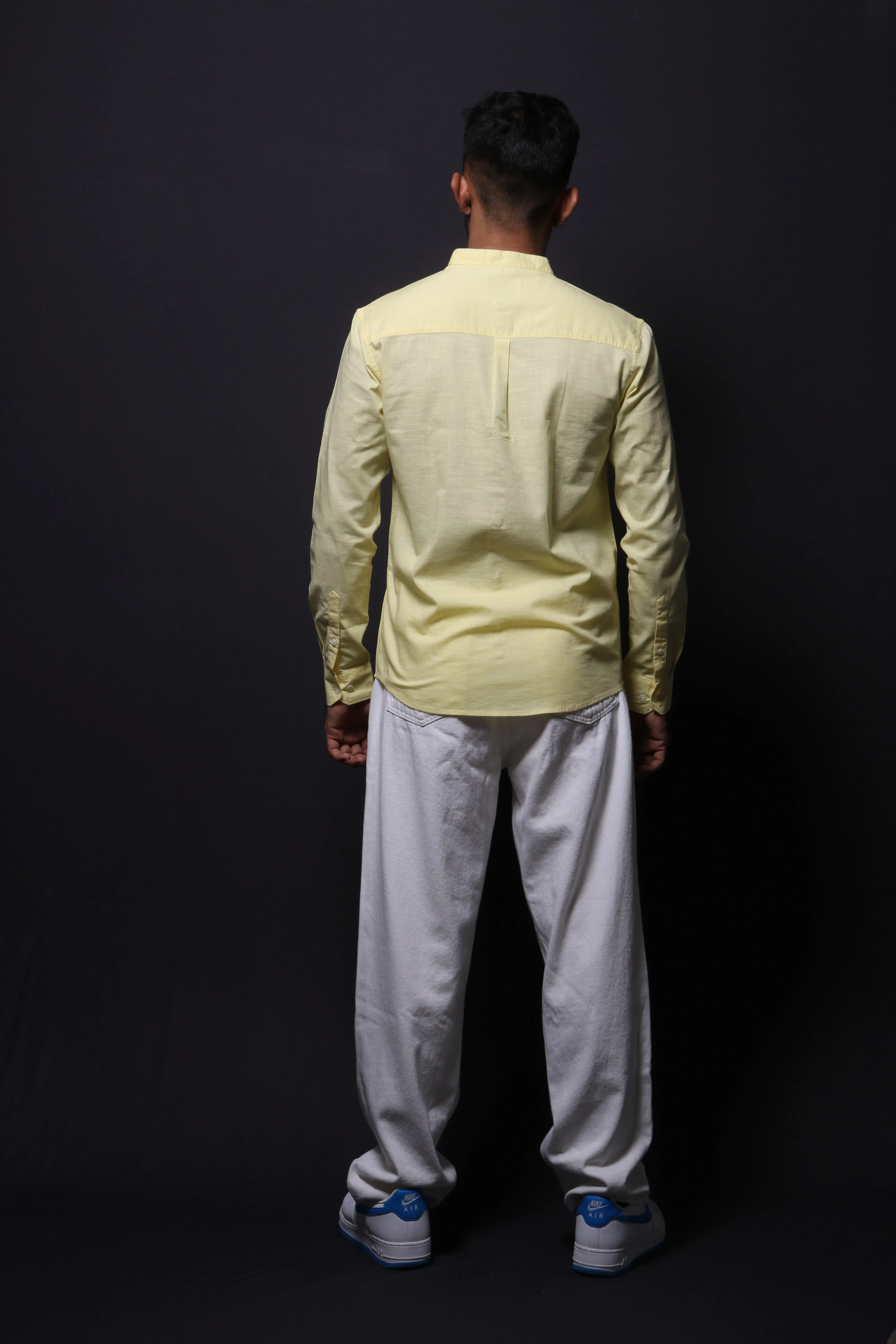 YELLOW SLUB MANDARIN COLLAR SLIM FIT SHIRT