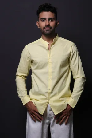 YELLOW SLUB MANDARIN COLLAR SLIM FIT SHIRT