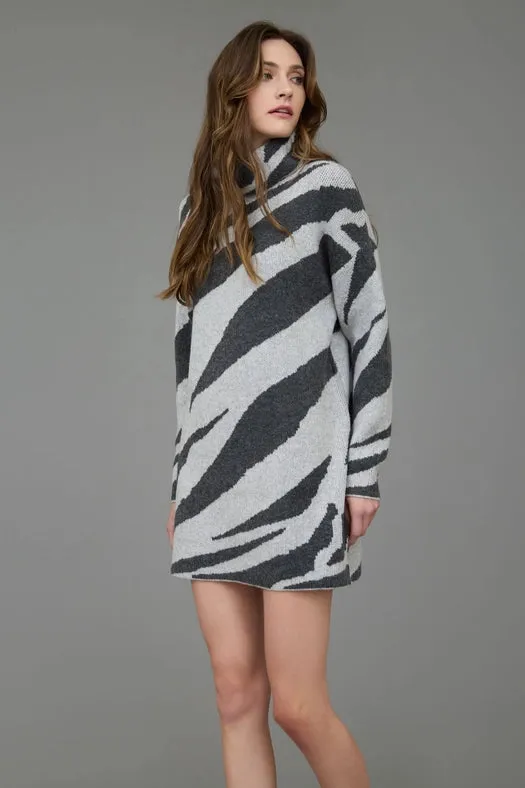 Zebra Print Turtleneck Long Sleeve Sweater Dress GREY