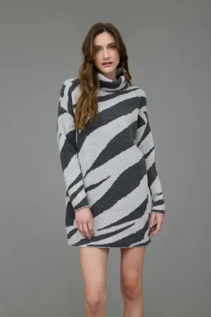 Zebra Print Turtleneck Long Sleeve Sweater Dress GREY