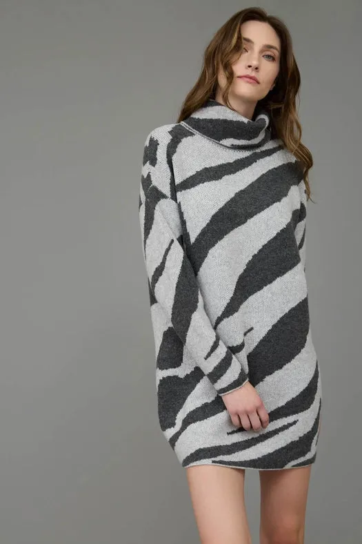 Zebra Print Turtleneck Long Sleeve Sweater Dress GREY