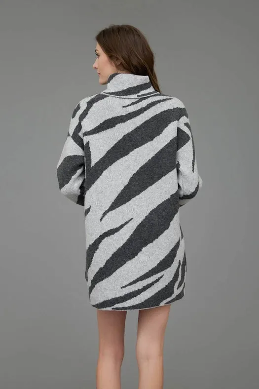 Zebra Print Turtleneck Long Sleeve Sweater Dress GREY