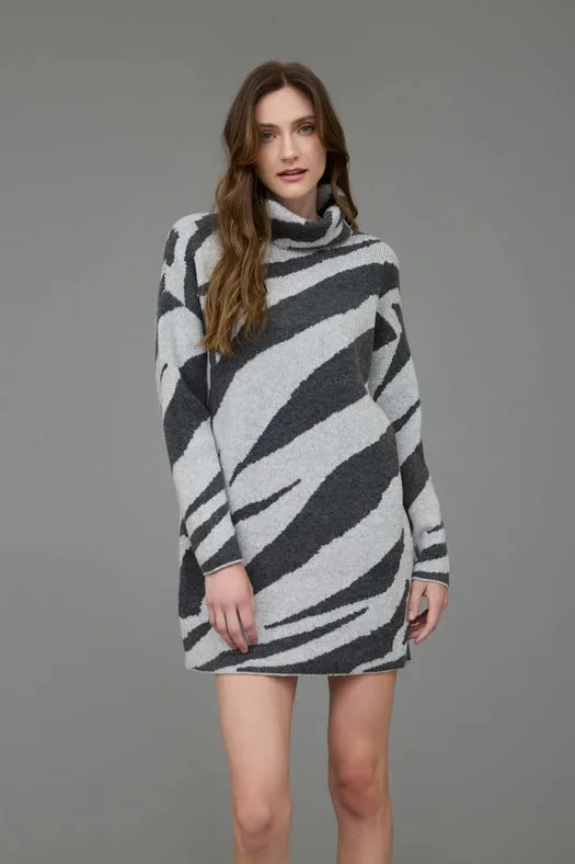 Zebra Print Turtleneck Long Sleeve Sweater Dress GREY